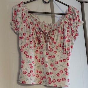 Ardene White Top with Pink Cherry Print and Puff Sleeves
